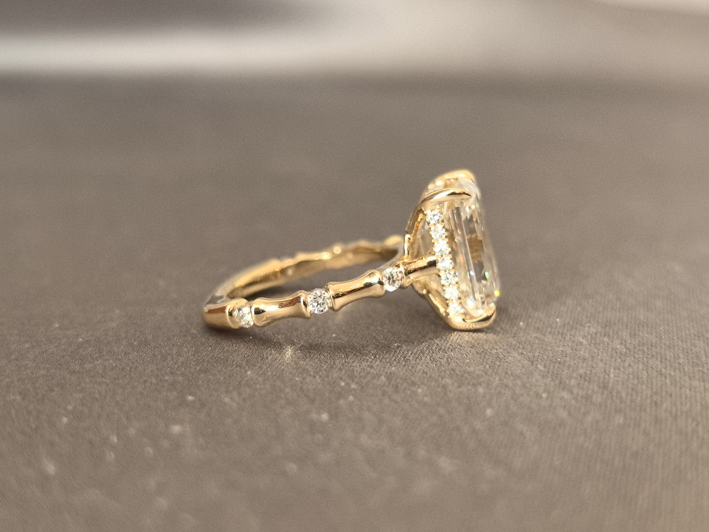 Emerald Cut Diamond Ring - Bamboo Shank Engagement Ring - Minimalist 4-Prong Set