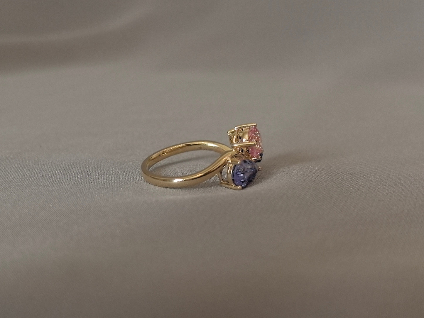 Three-Stone Ring - Pear Shape Blue Birthstone - Round Pink Diamond