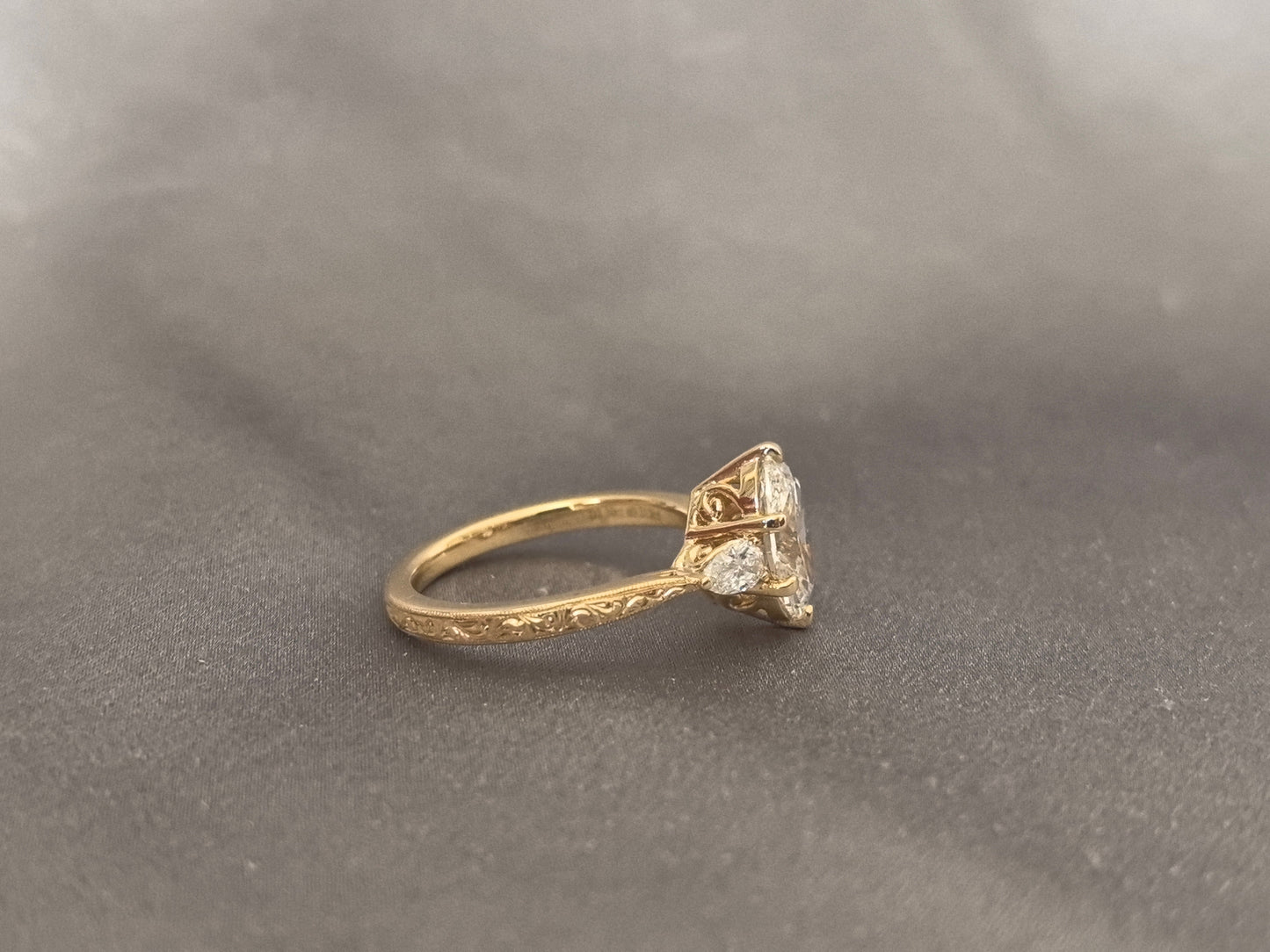 Oval Lab Diamond Ring - Floral Prong & Engraved Band - Pear Side Stones