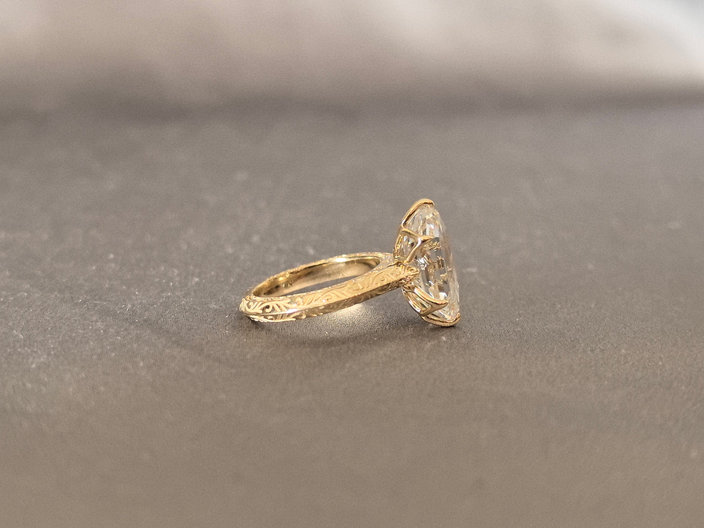 Custom Cut Marquise Diamond Ring - Round Shank - Fine Engraving