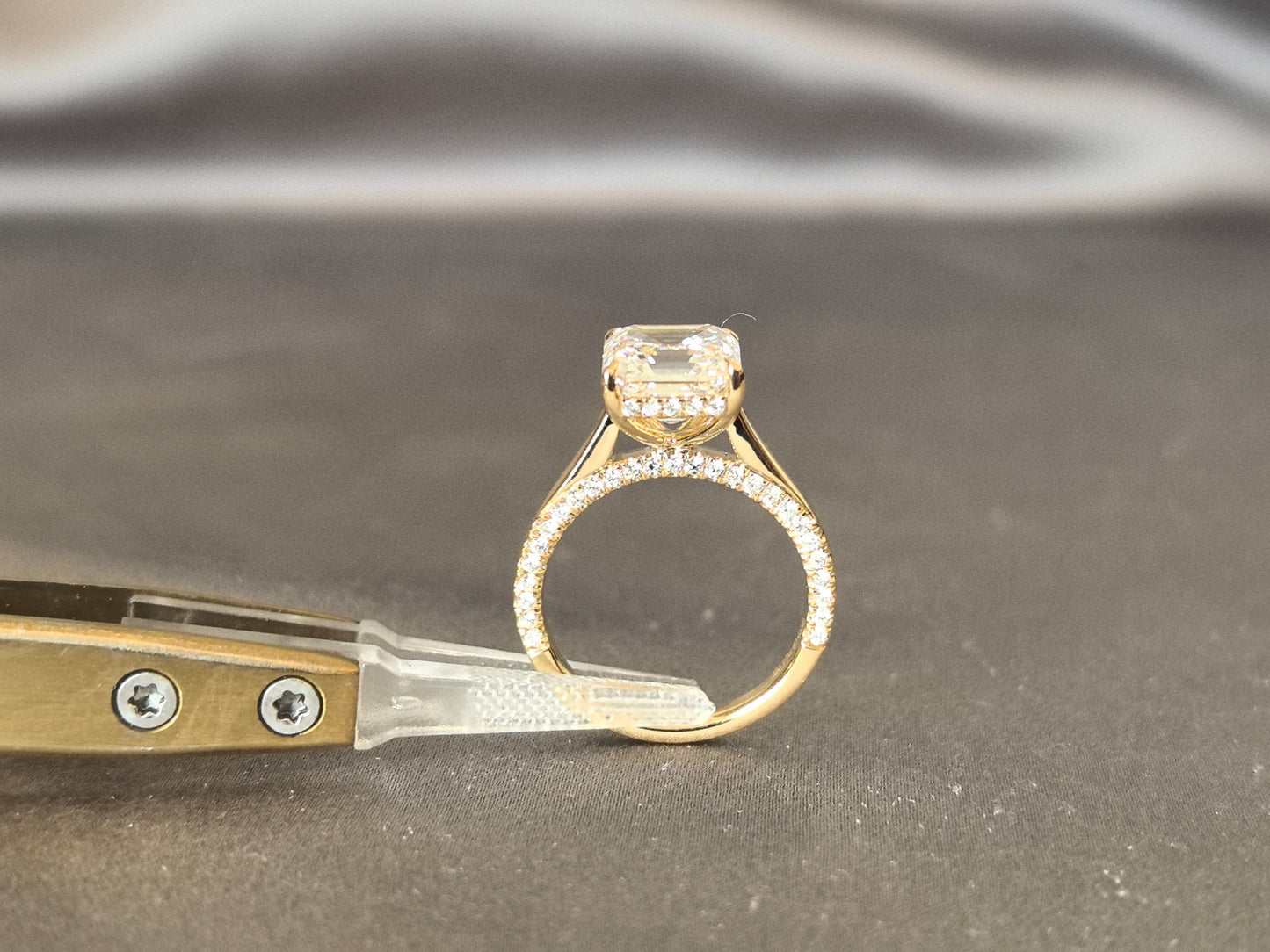 Asscher-cut lab diamond engagement ring - 4-prong set - Pave-set diamond accents on the band