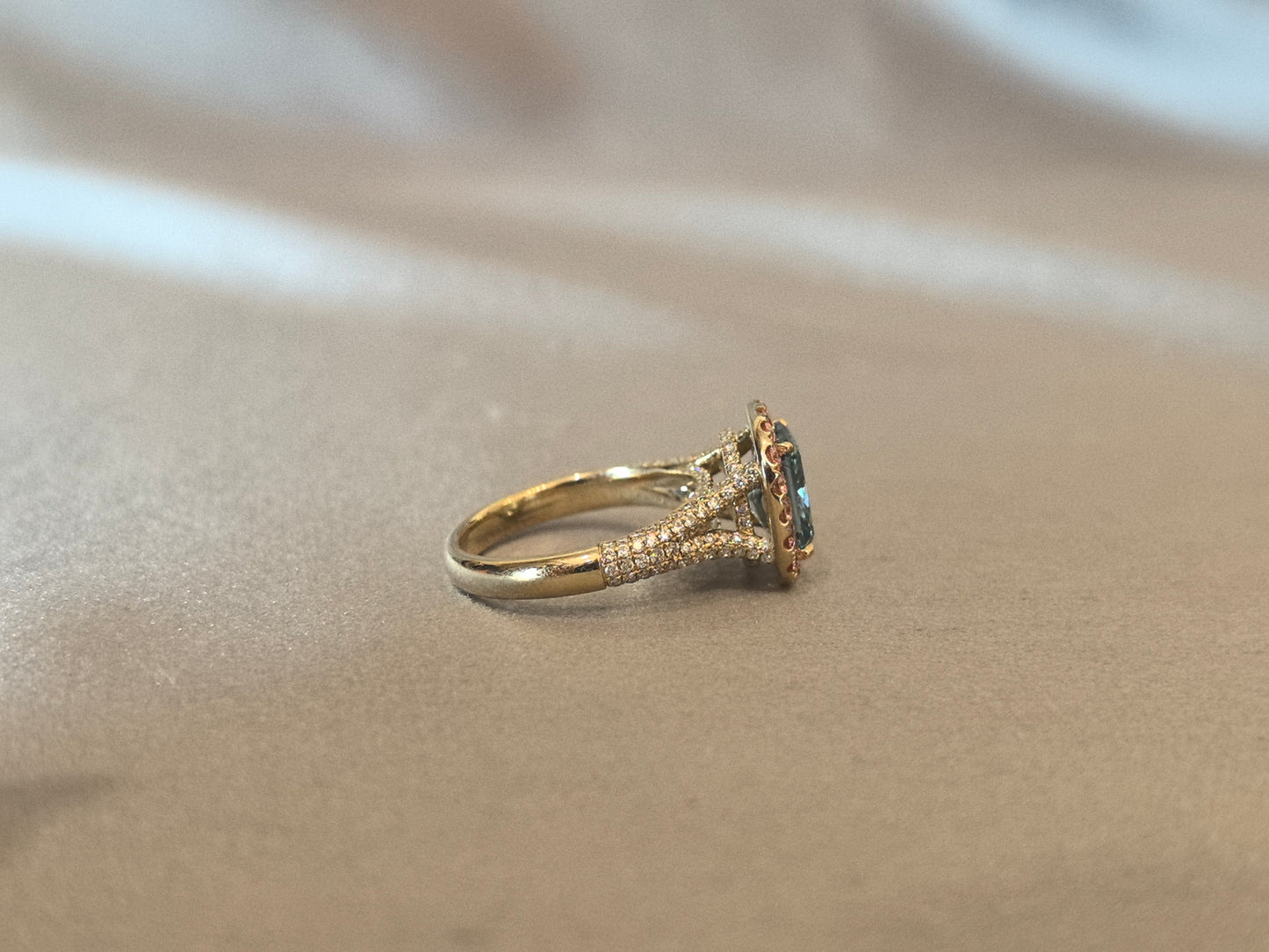 Fancy blue radiant-cut lab diamond engagement ring - Prong-set colored diamond halo - Pink diamond halo split-shank pave