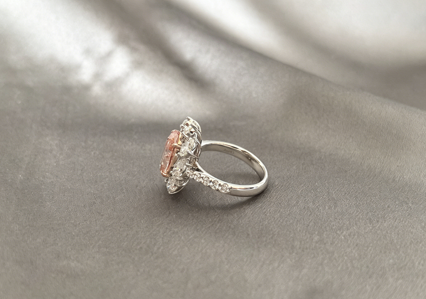 Oval-Cut Pink Lab Diamond Halo Ring - Half Eternity Ring - Prong&Pave-Set