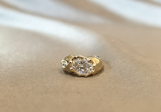 Organic sculptural gold solitaire ring - Molten bezel-set oval lab diamond ring - Secure bezel-set