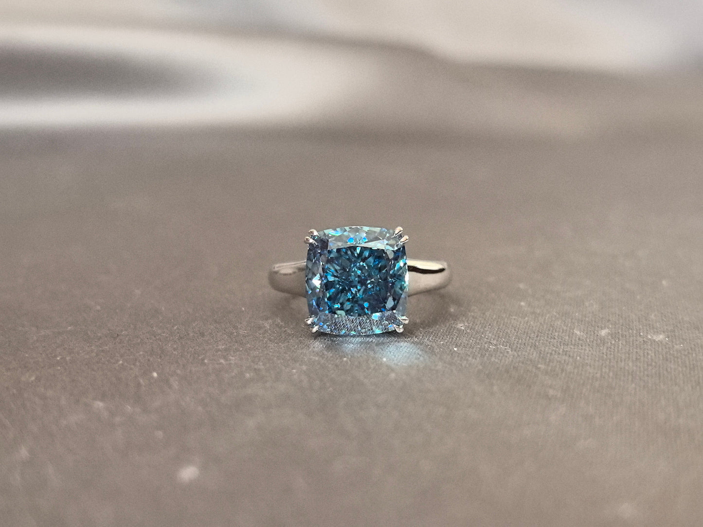 Blue Cushion Shape Diamond - Four Prong Setting - Round Shank