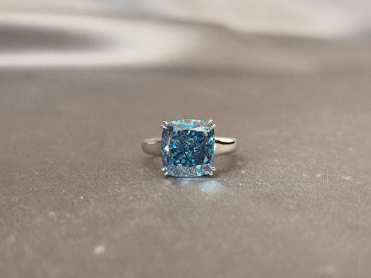 Blue Cushion Shape Diamond - Four Prong Setting - Round Shank