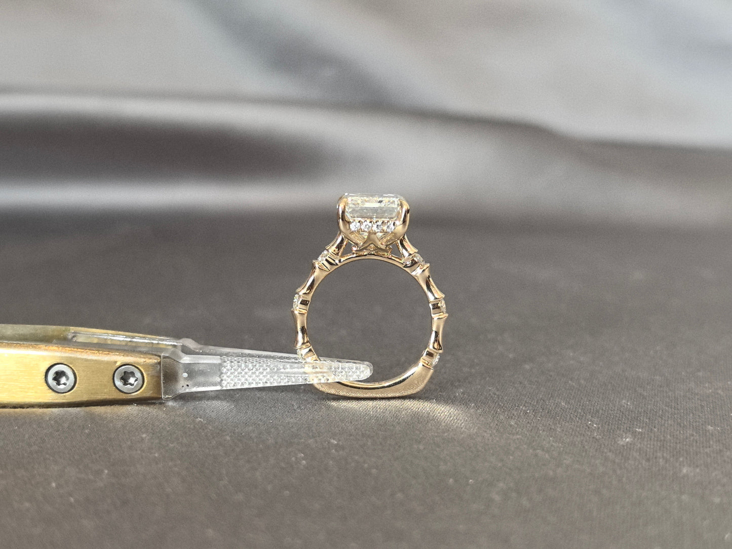 Emerald Cut Diamond Ring - Bamboo Shank Engagement Ring - Minimalist 4-Prong Set