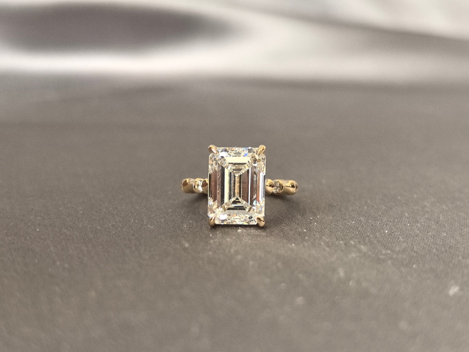 Emerald Cut Diamond Ring - Bamboo Shank Engagement Ring - Minimalist 4-Prong Set