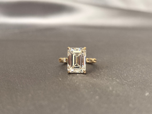 Emerald Cut Diamond Ring - Bamboo Shank Engagement Ring - Minimalist 4-Prong Set