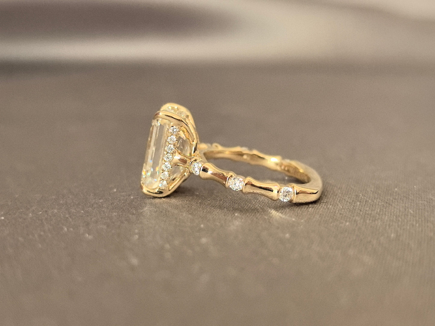 Emerald Cut Diamond Ring - Bamboo Shank Engagement Ring - Minimalist 4-Prong Set