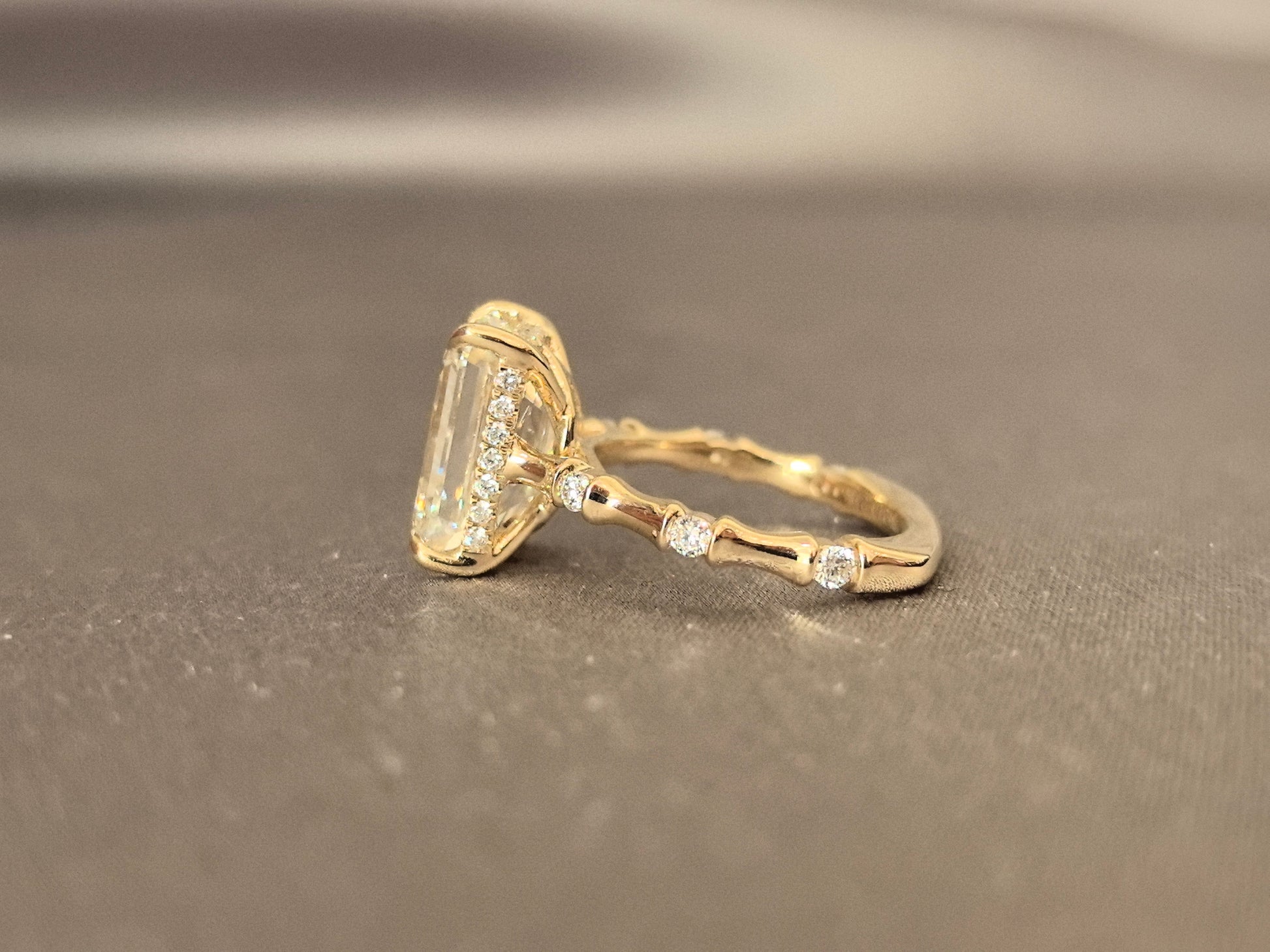 Emerald Cut Diamond Ring - Bamboo Shank Engagement Ring - Minimalist 4-Prong Set
