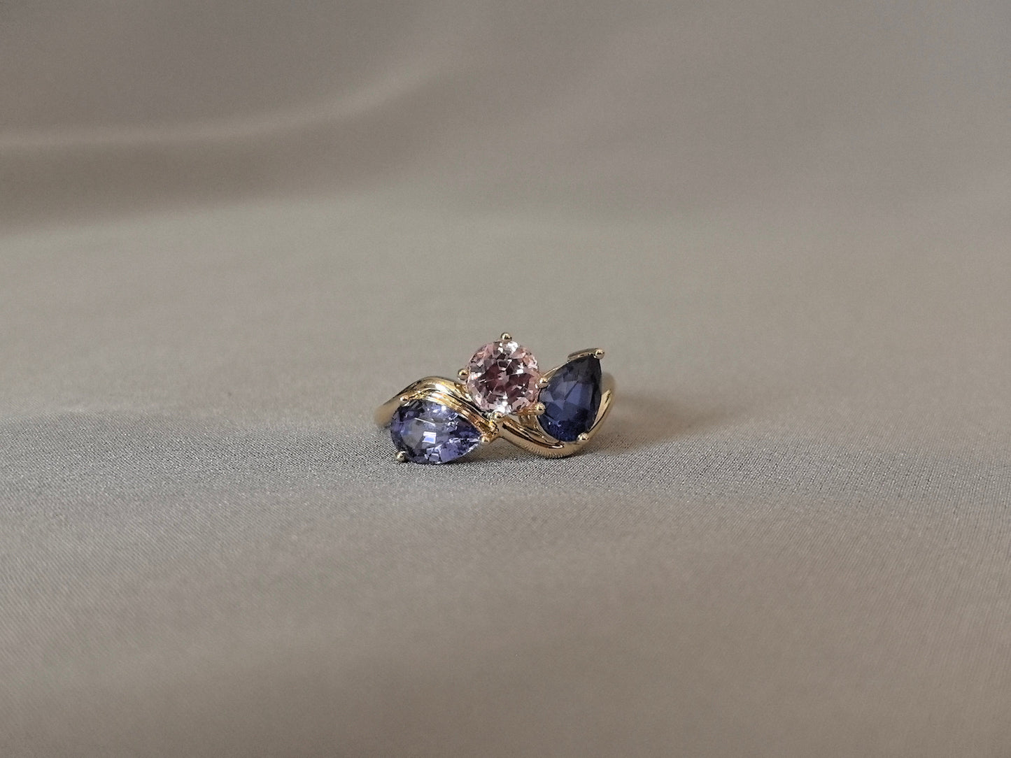Three-Stone Ring - Pear Shape Blue Birthstone - Round Pink Diamond