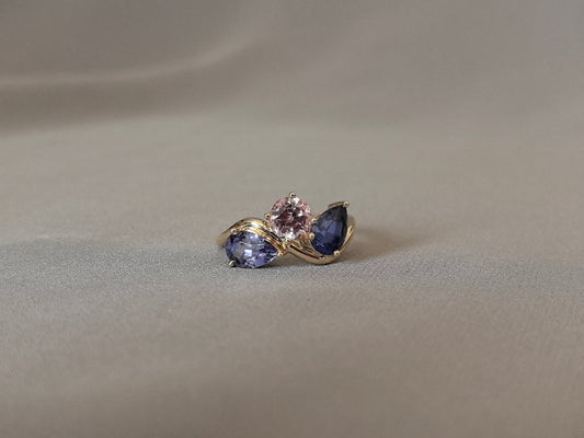 Three-Stone Ring - Pear Shape Blue Birthstone - Round Pink Diamond