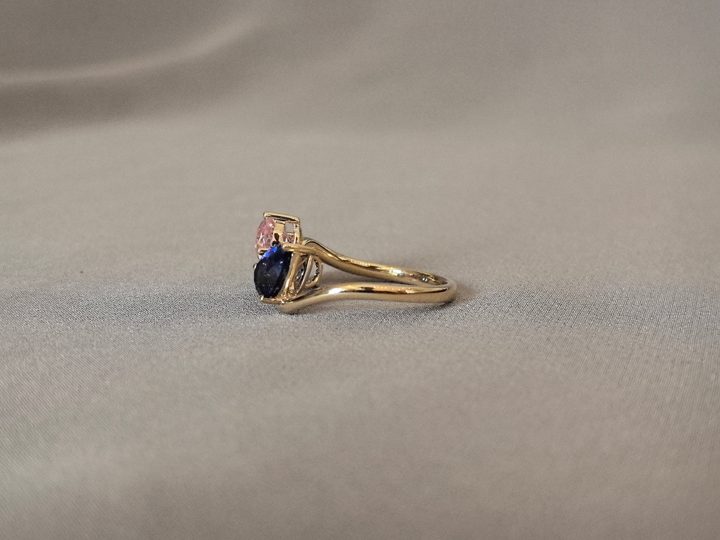 Three-Stone Ring - Pear Shape Blue Birthstone - Round Pink Diamond
