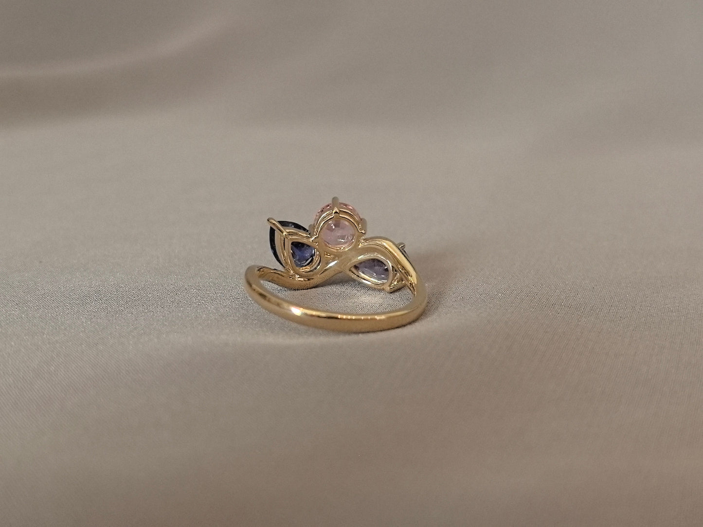 Three-Stone Ring - Pear Shape Blue Birthstone - Round Pink Diamond