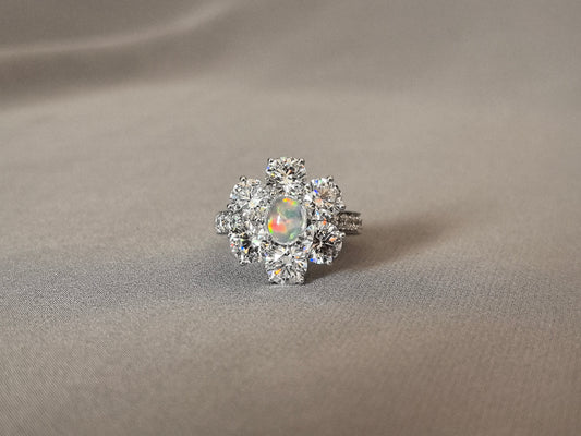 Oval Natural Opal Gemstone - Diamond Accents - Round Shank