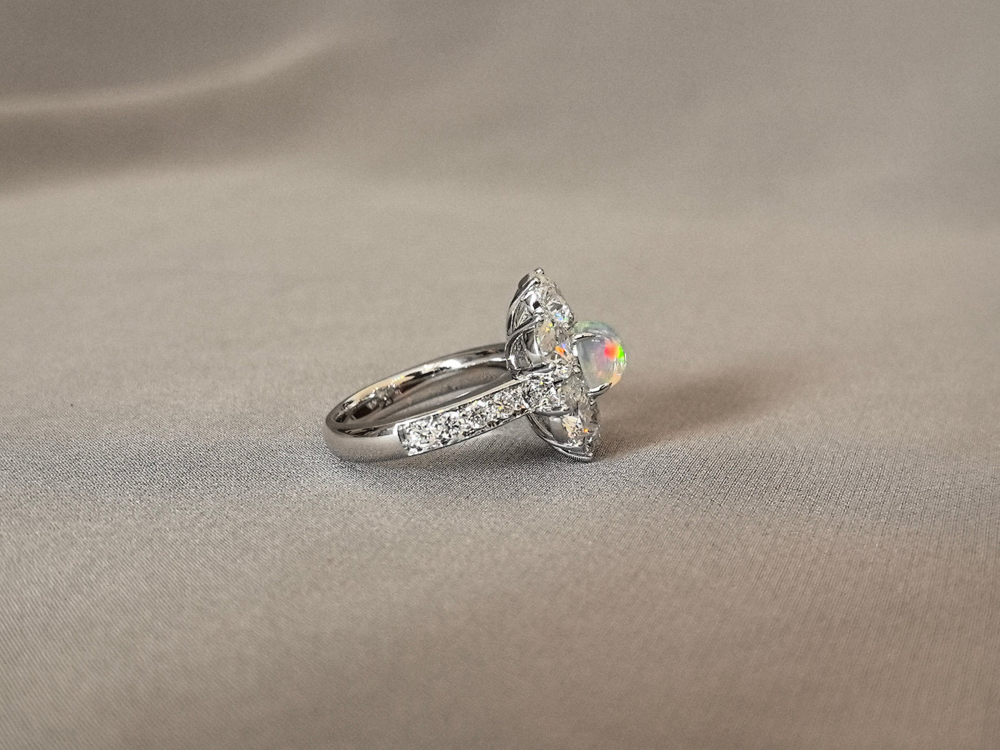 Oval Natural Opal Gemstone - Diamond Accents - Round Shank
