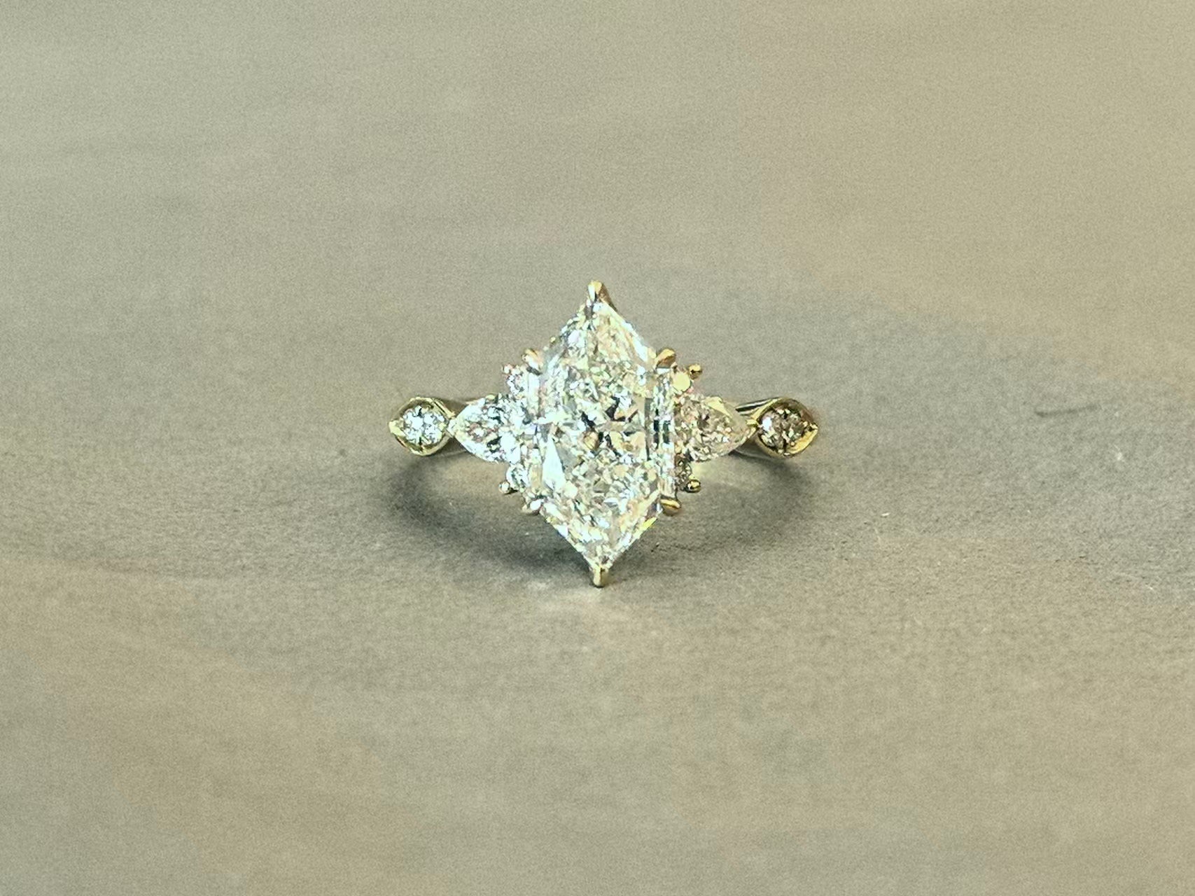 Dutch Marquise Lab Diamond Ring - Pear-Shaped Side Stones - 14K Gold