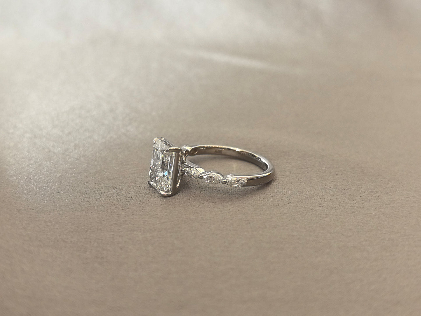 Radiant-Cut Diamond Engagement Ring - Marquise & Round Side Stones - Modern Solitaire Ring