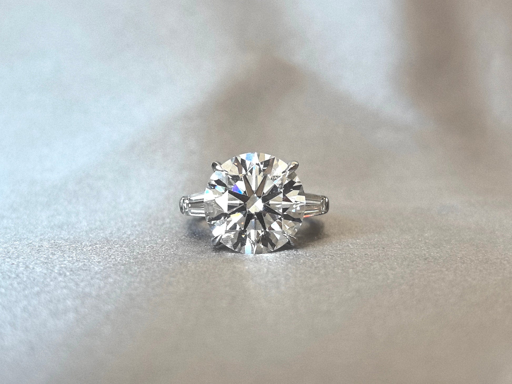 Three-Stone Baguette Accent Ring - Round Brilliant Center Diamond - Art Deco
