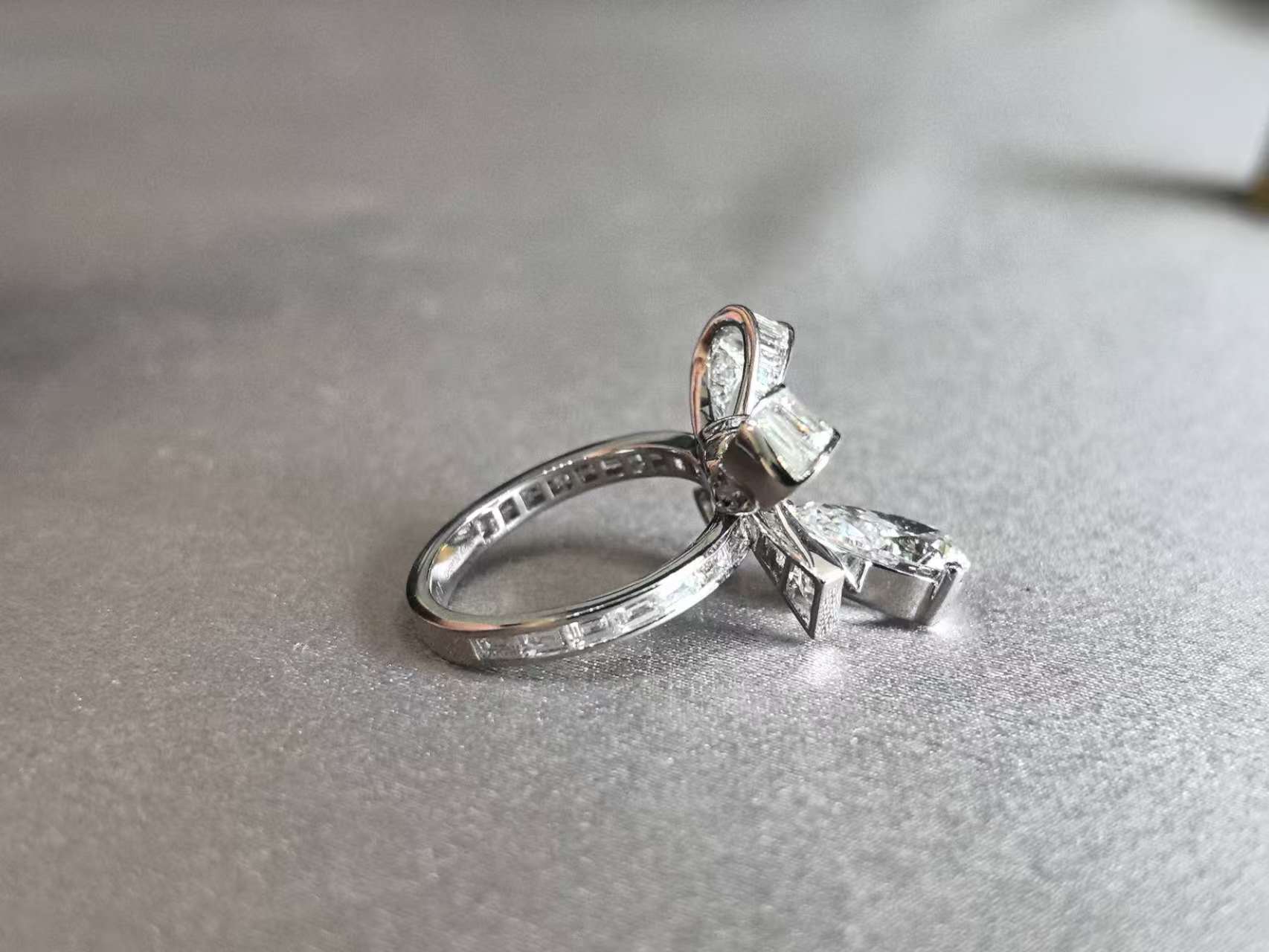 Pear Cut Bow-tie Ring with Pear Dangle - Lab Grown Diamond Statement Ring