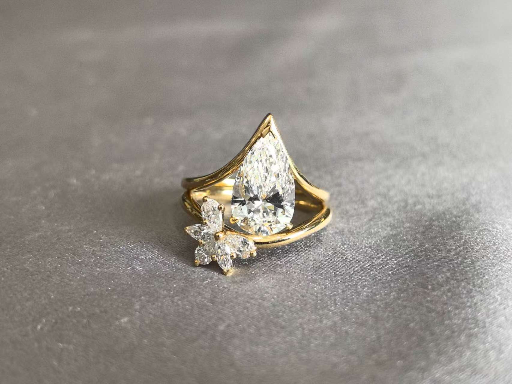 Pear Cut Diamond Ring with Floral Nest Band - Matching Set