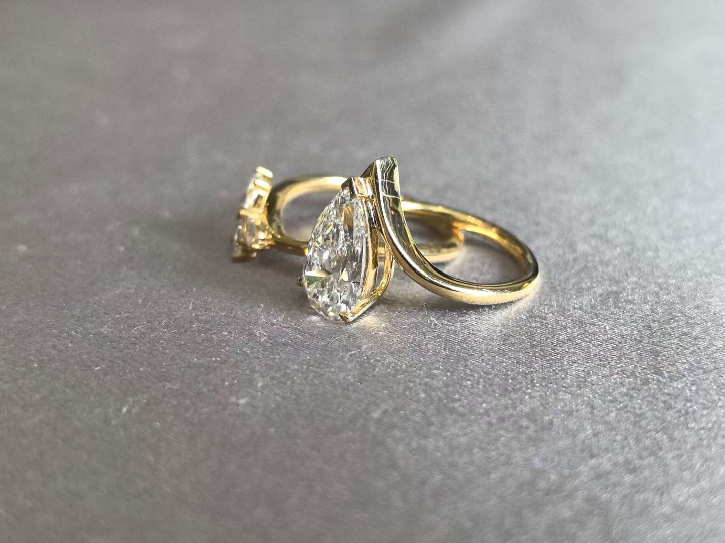 Pear Cut Diamond Ring with Floral Nest Band - Matching Set