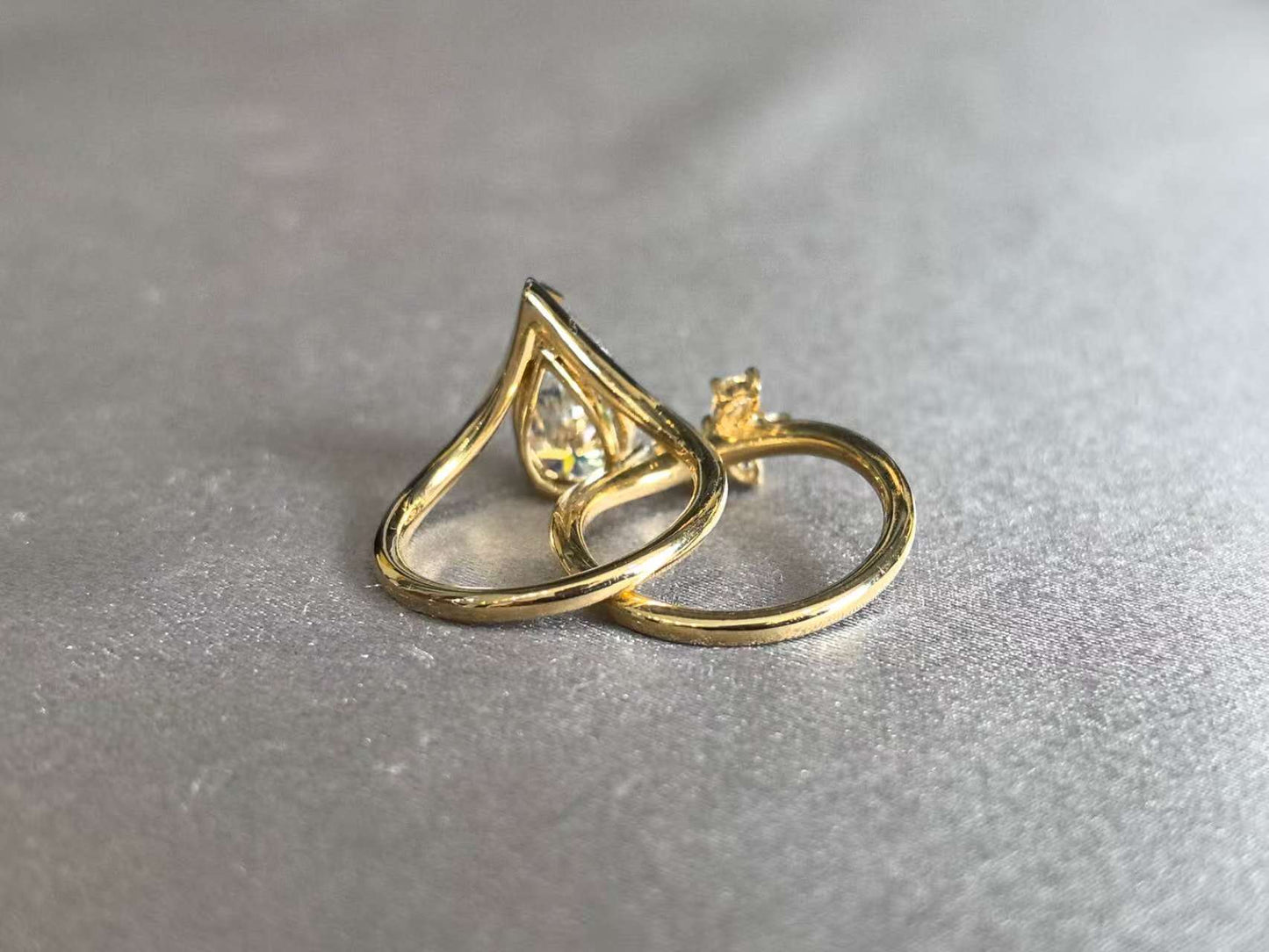Pear Cut Diamond Ring with Floral Nest Band - Matching Set