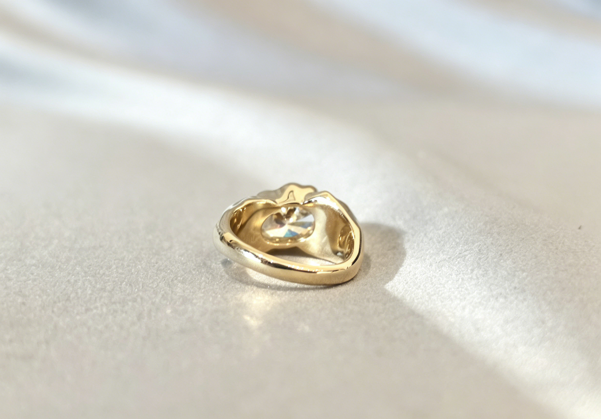 Organic sculptural gold solitaire ring - Molten bezel-set oval lab diamond ring - Secure bezel-set