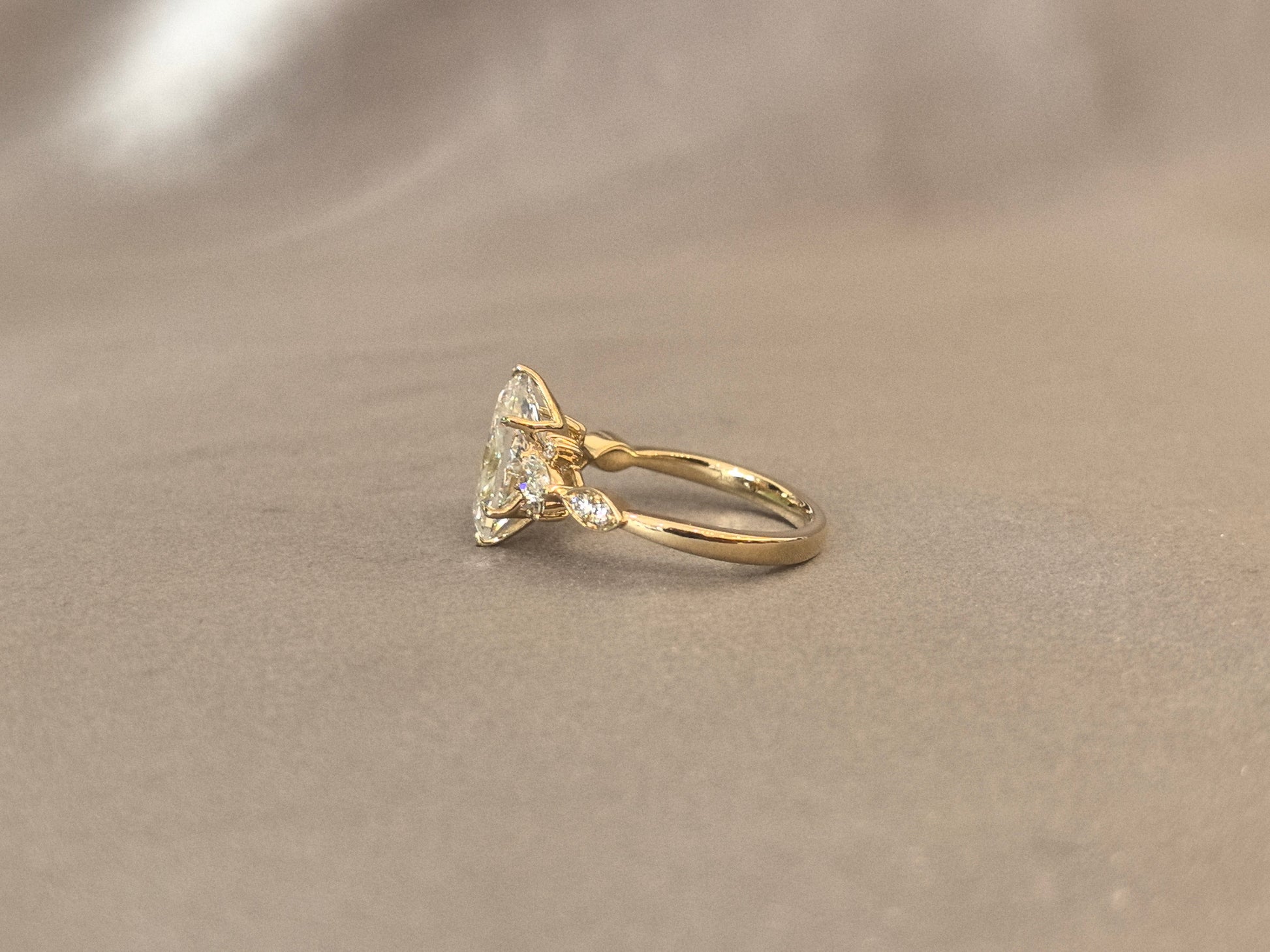 Dutch Marquise Lab Diamond Ring - Pear-Shaped Side Stones - 14K Gold