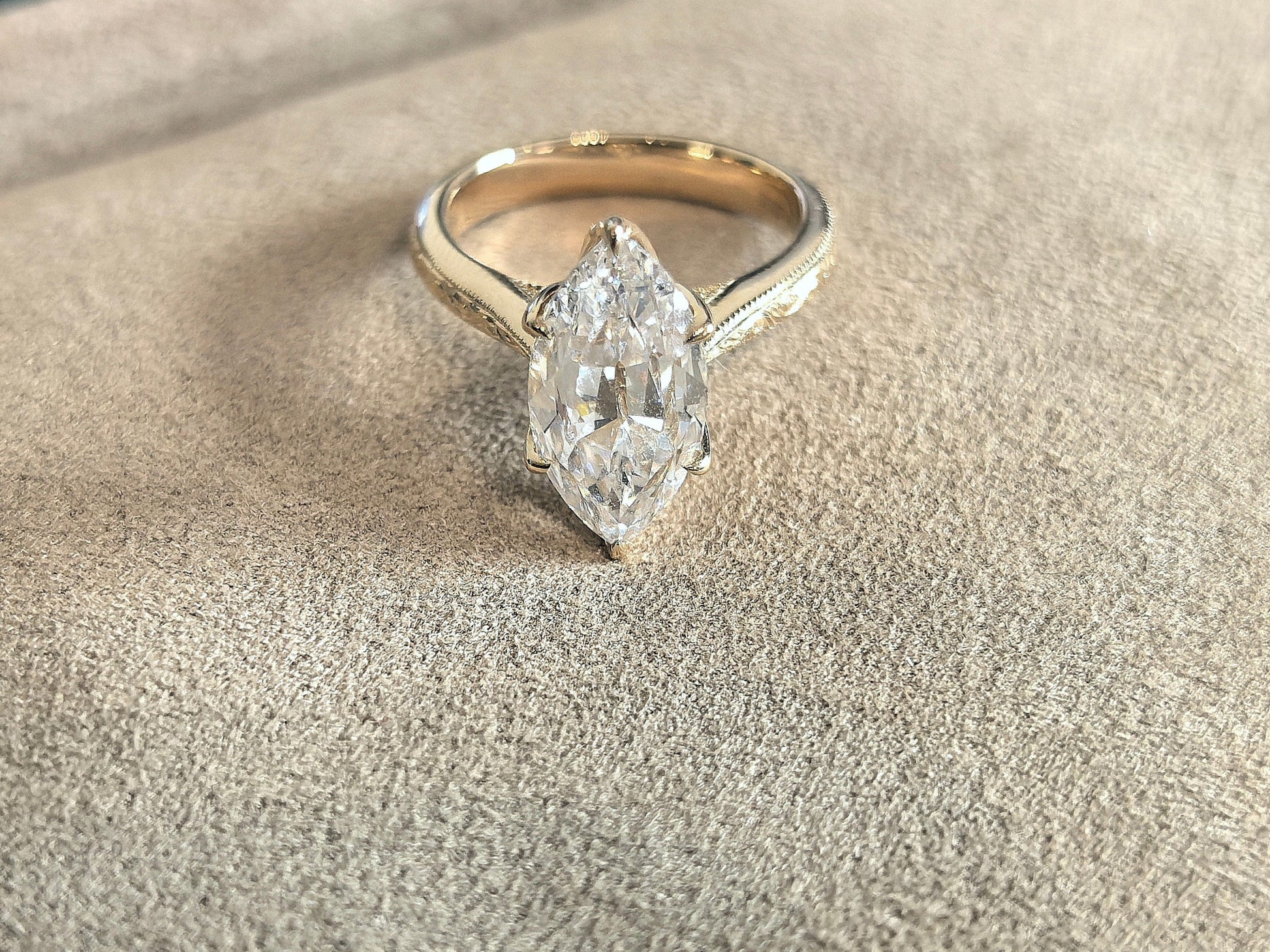 Old mine cut marquise Lab Diamond Ring - Floral Prong & Engraved Band - Pear Side Stones