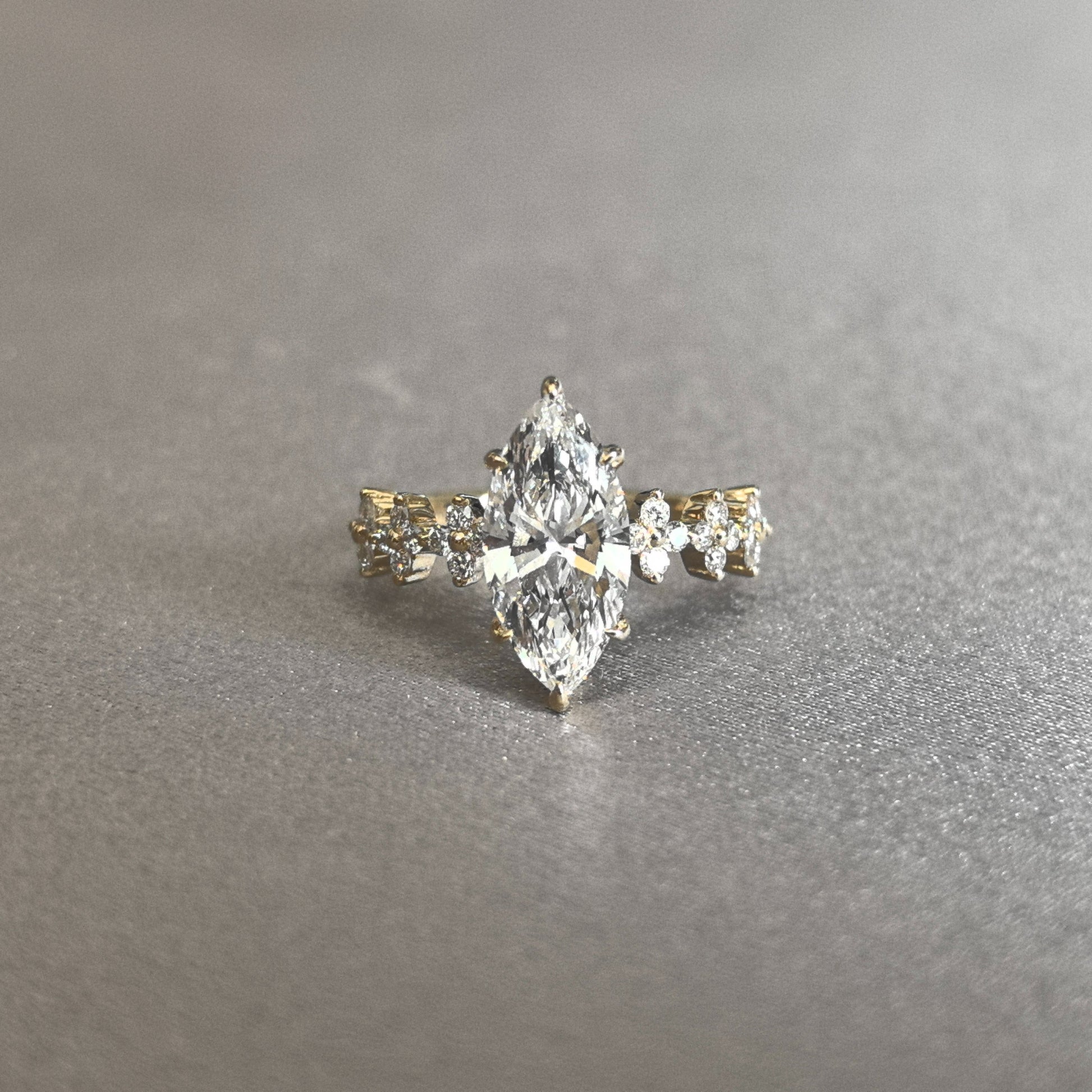 Marquise Cut Lab Diamond Ring - Clover-Shank Band - Half Eternity Accent