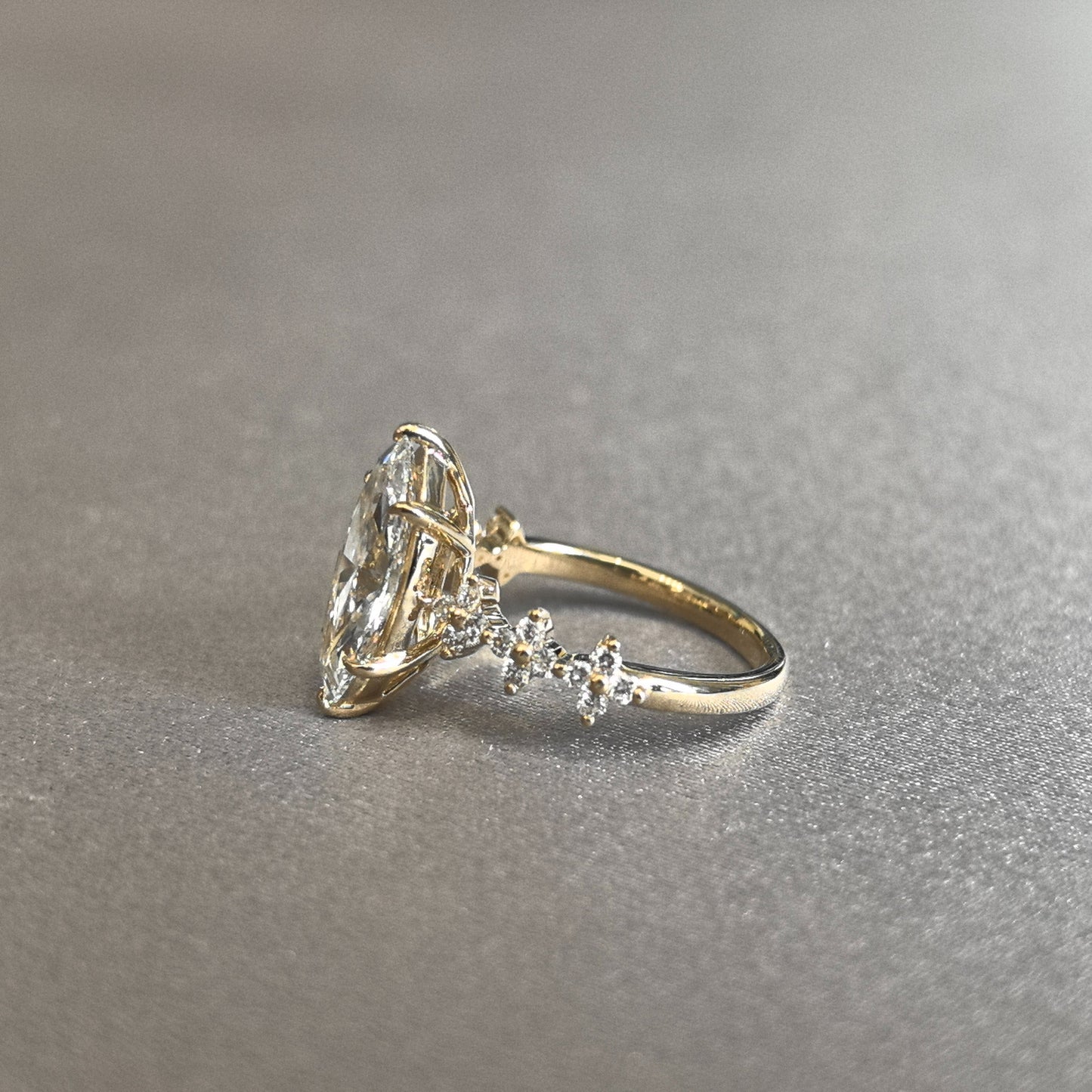 Marquise Cut Lab Diamond Ring - Clover-Shank Band - Half Eternity Accent