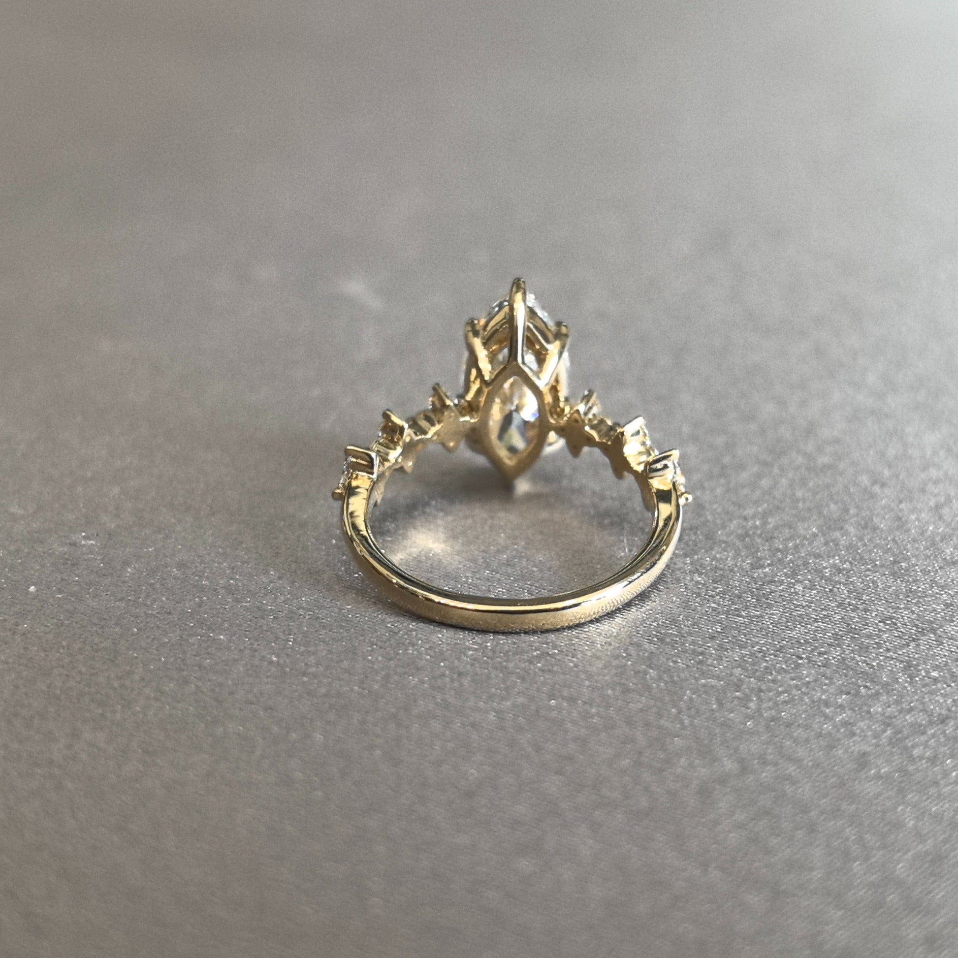 Marquise Cut Lab Diamond Ring - Clover-Shank Band - Half Eternity Accent