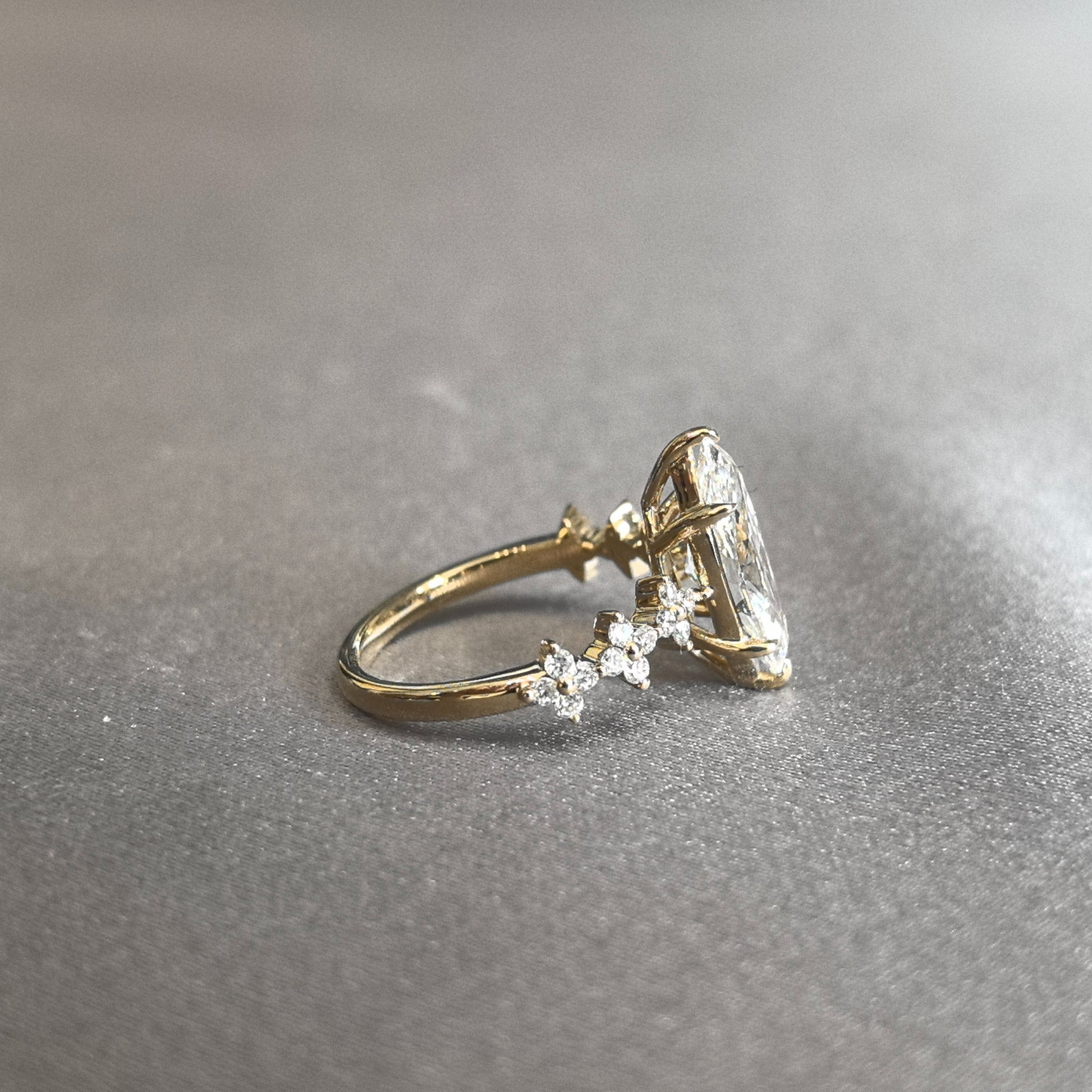 Marquise Cut Lab Diamond Ring - Clover-Shank Band - Half Eternity Accent