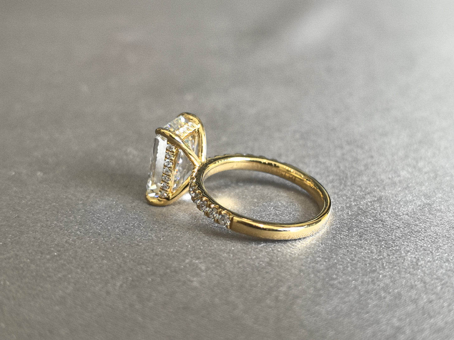 Emerald Cut Lab Grown Diamond Ring - Half Eternity Band & Hidden Halo