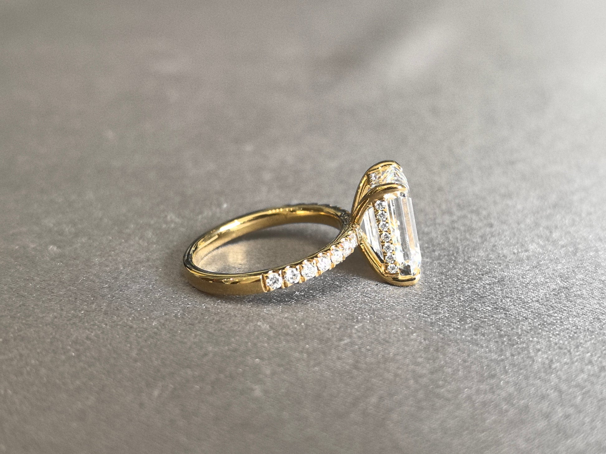 Emerald Cut Lab Grown Diamond Ring - Half Eternity Band & Hidden Halo