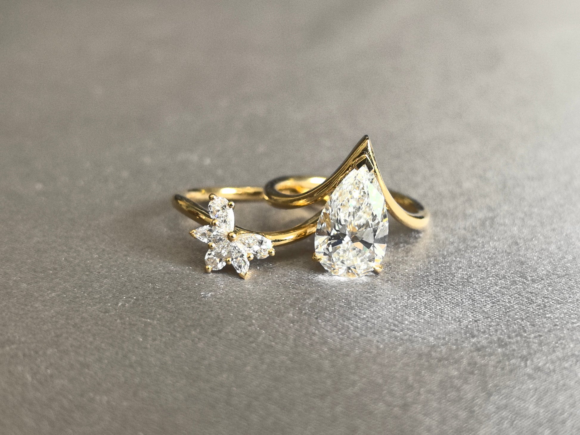 Pear Cut Diamond Ring with Floral Nest Band - Matching Set