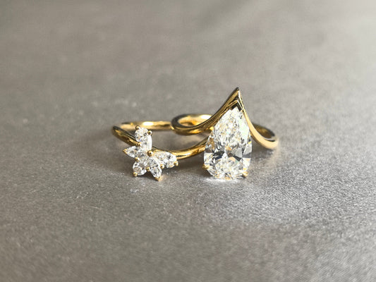 Pear Cut Diamond Ring with Floral Nest Band - Matching Set