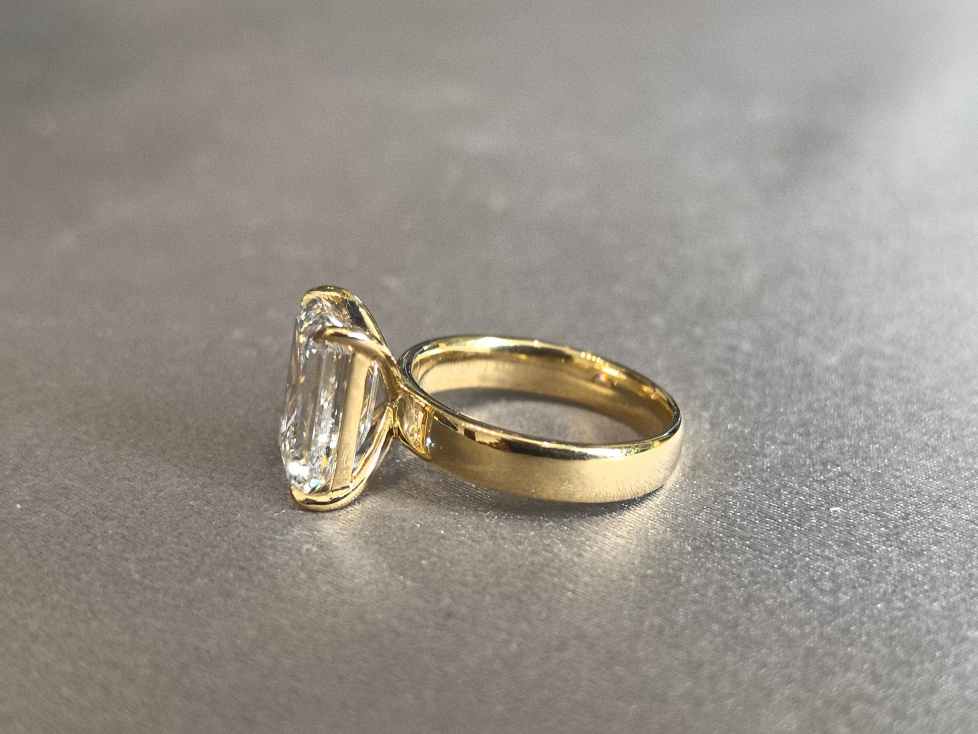 Emerald Cut Lab Grown Diamond Ring - Wide Flat Band Solitaire