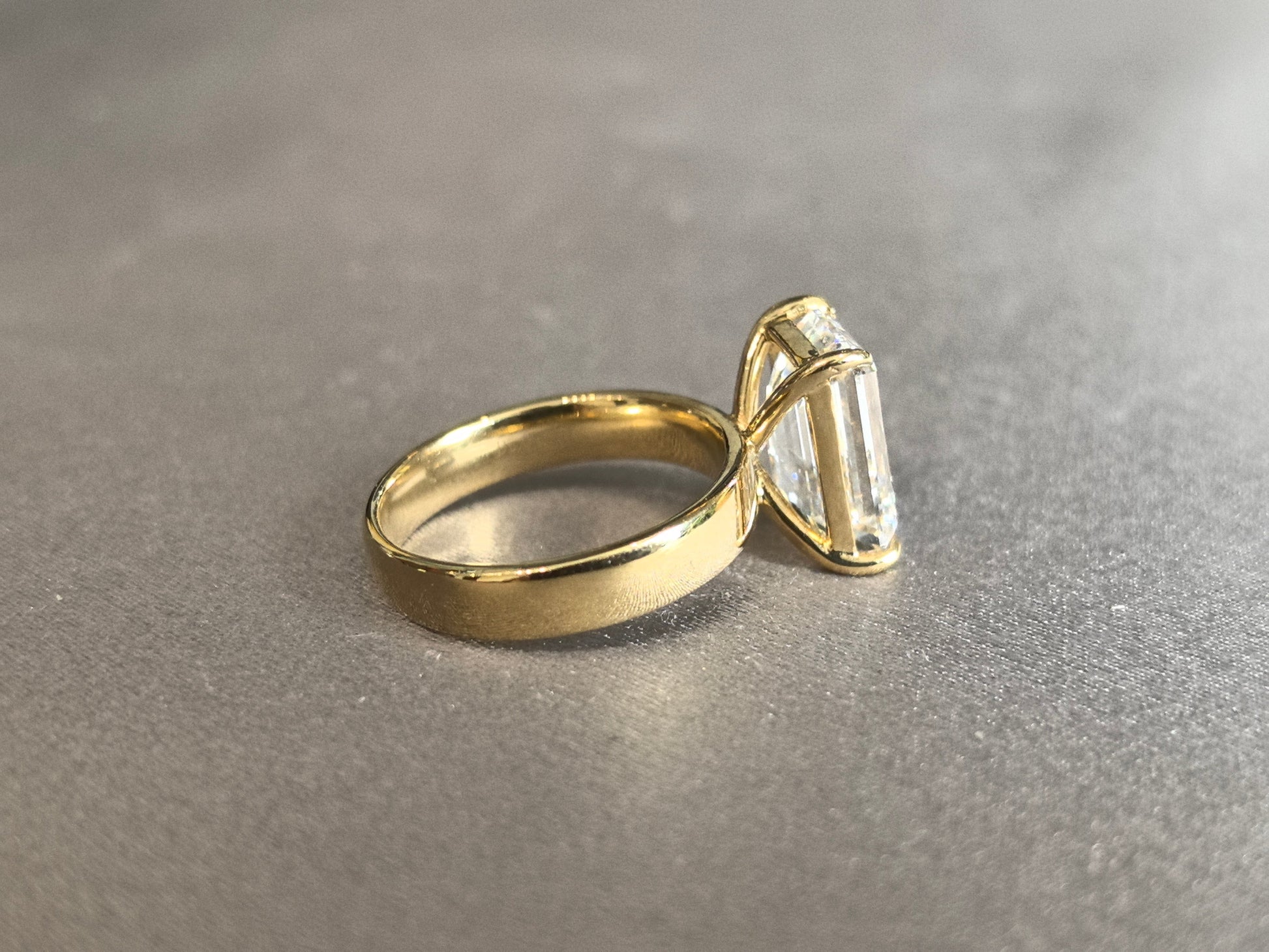 Emerald Cut Lab Grown Diamond Ring - Wide Flat Band Solitaire