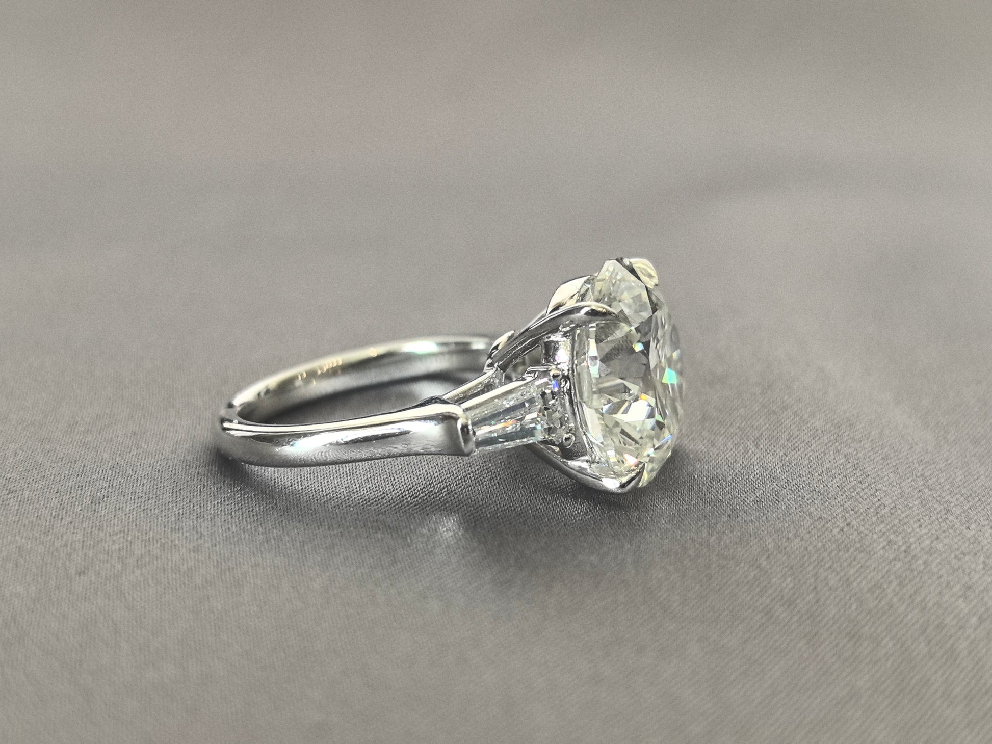 Three-Stone Baguette Accent Ring - Round Brilliant Center Diamond - Art Deco