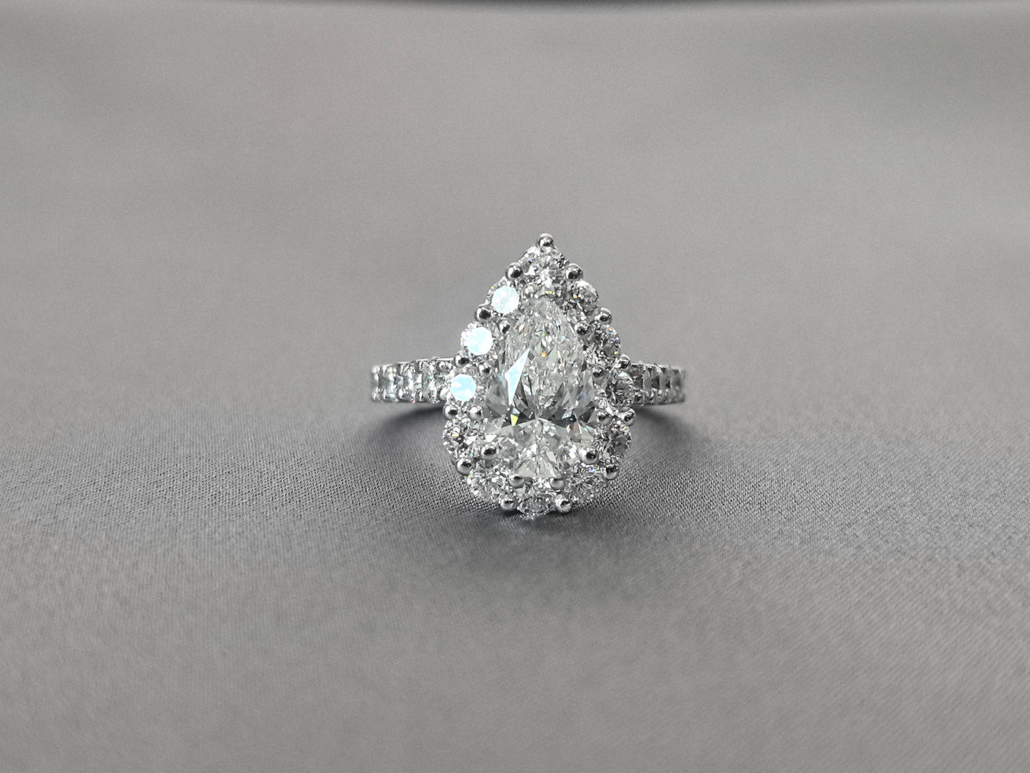 Pear Cut Lab Grown Diamond Ring - Full Halo & 2/3 Pavé Band