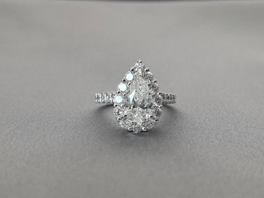 Pear Cut Lab Grown Diamond Ring - Full Halo & 2/3 Pavé Band
