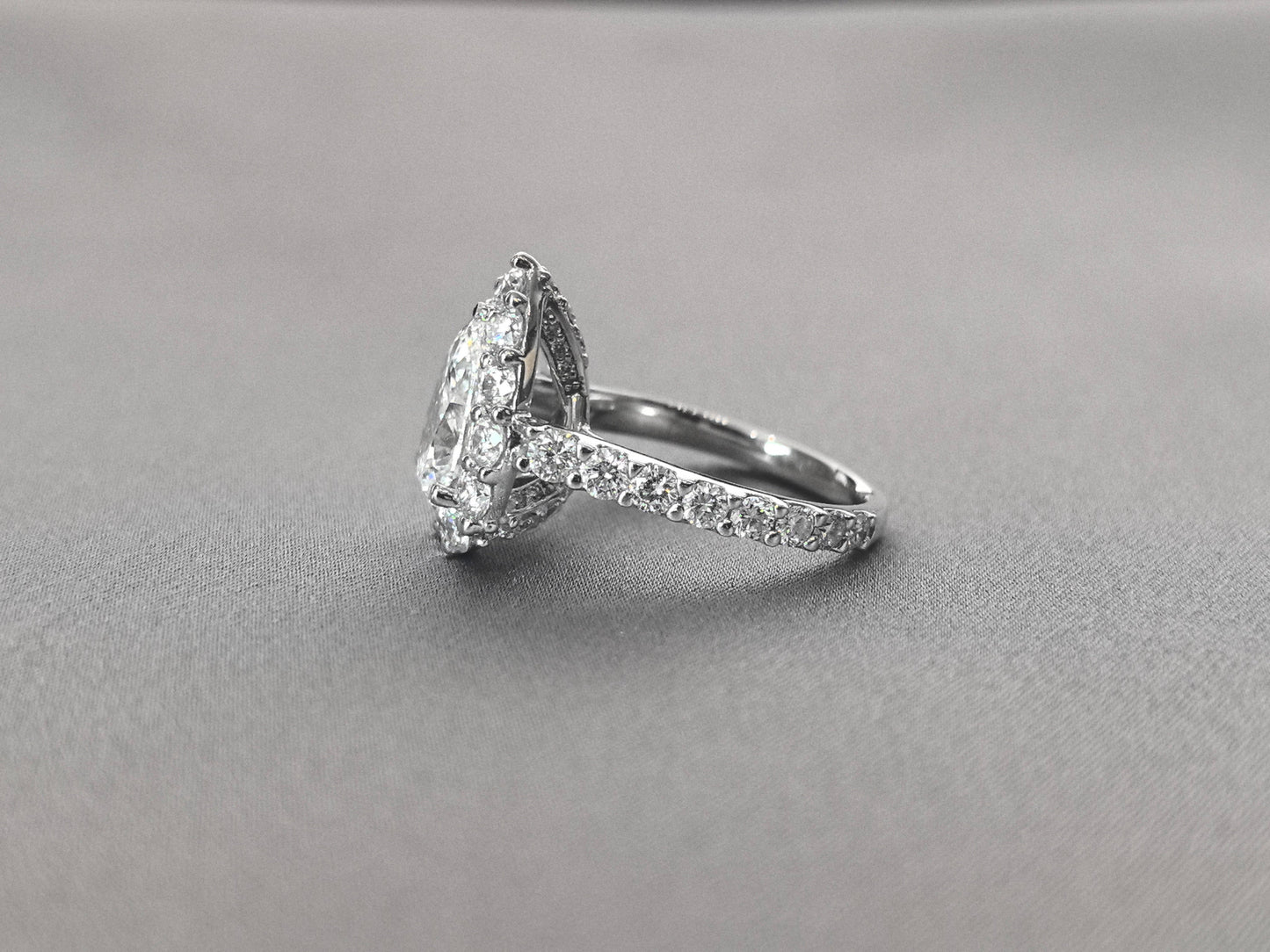 Pear Cut Lab Grown Diamond Ring - Full Halo & 2/3 Pavé Band
