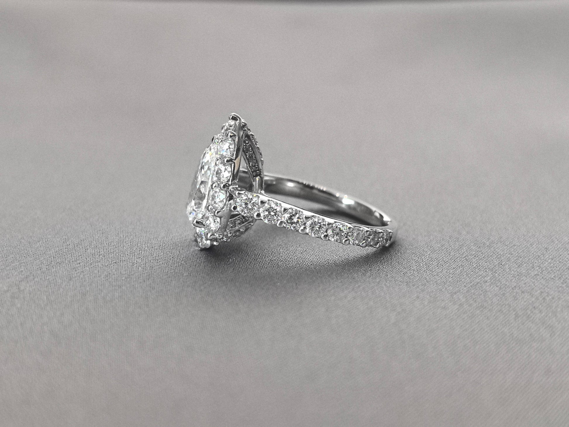 Pear Cut Lab Grown Diamond Ring - Full Halo & 2/3 Pavé Band