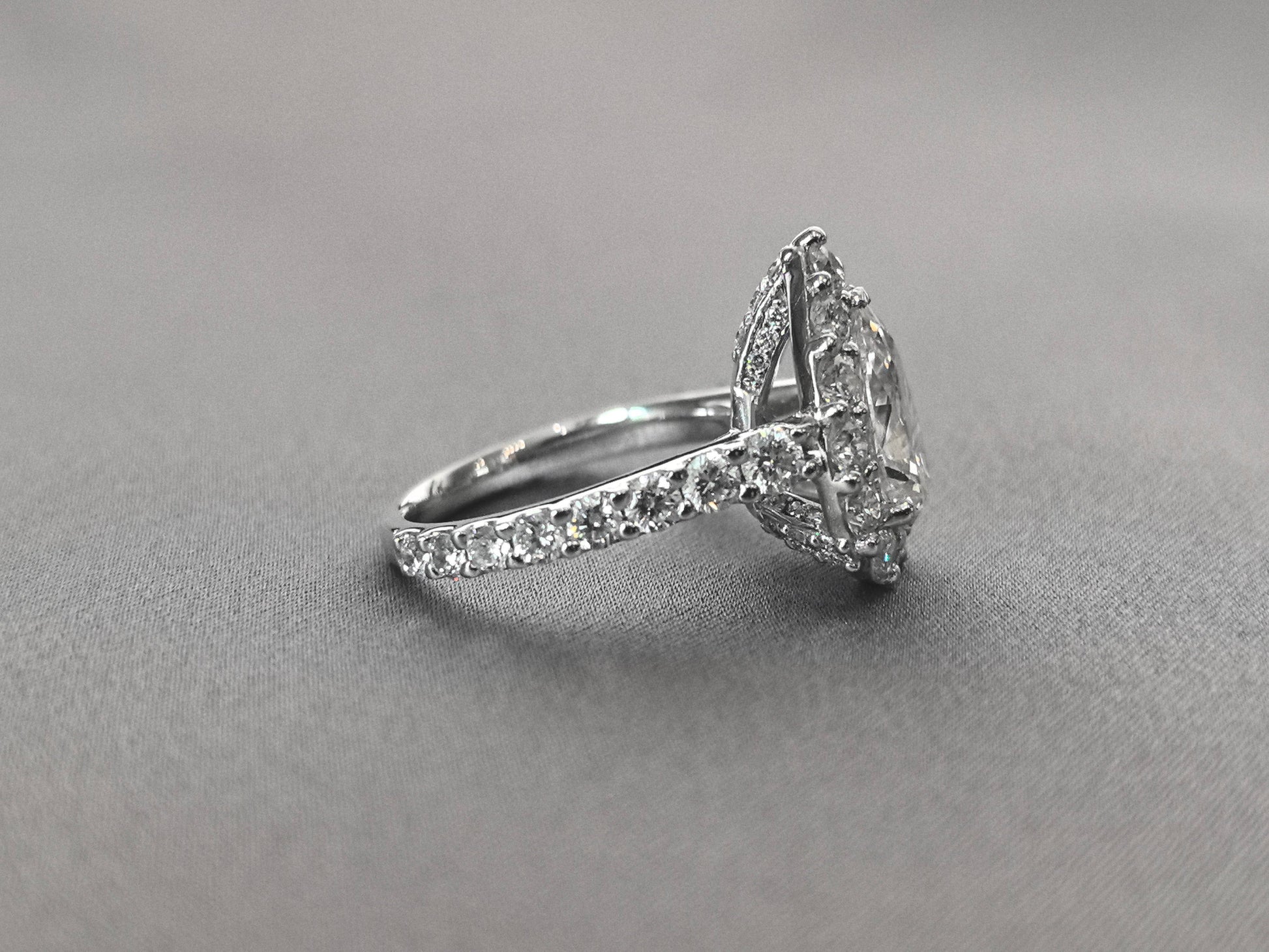 Pear Cut Lab Grown Diamond Ring - Full Halo & 2/3 Pavé Band