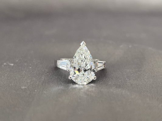 Pear-Center Trilogy Ring - Baguette Sidestones - Organic Geometry