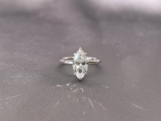 Marquise Solitaire Diamond Ring - Hidden Halo Design - Elongated Elegance