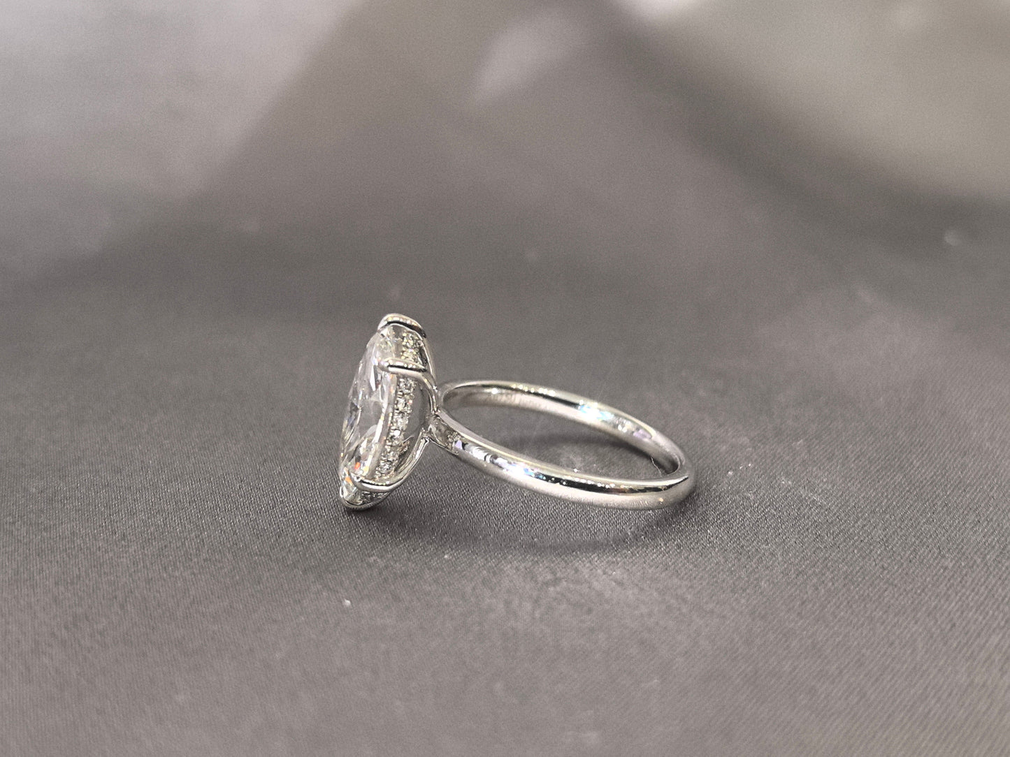 Marquise Solitaire Diamond Ring - Hidden Halo Design - Elongated Elegance